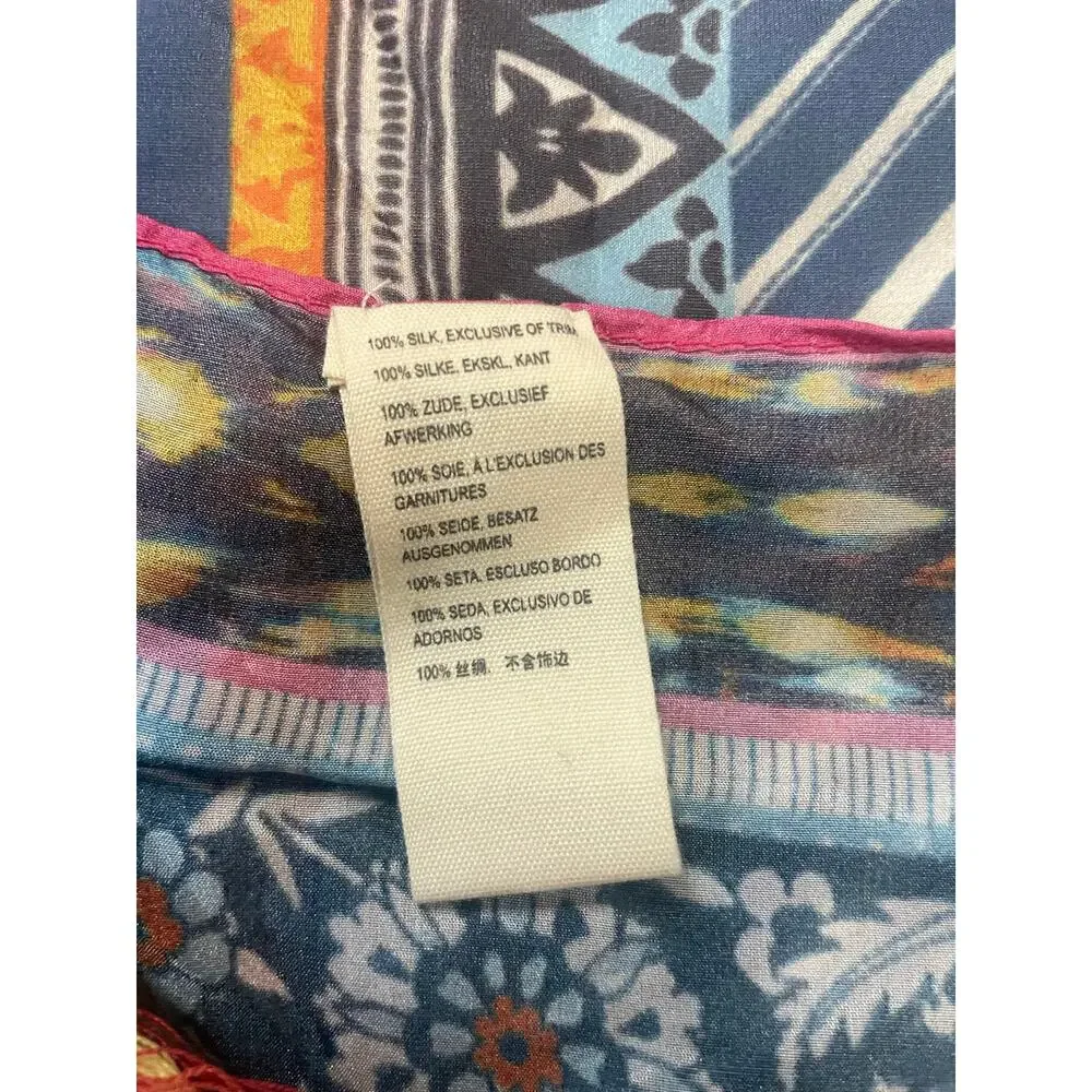 Johnny Was Silk Scarf Large Square Patchwork Boho Tassel Wrap Pink Blue
